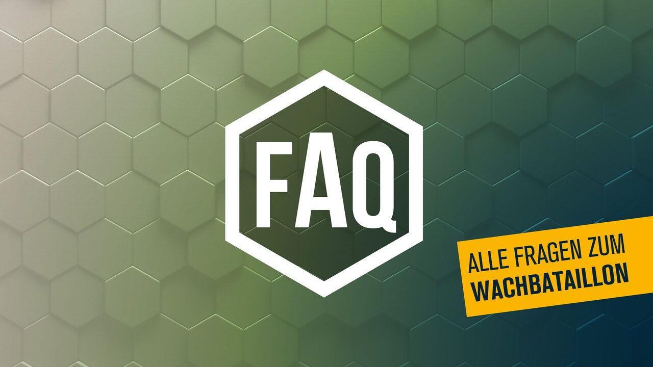 Der Schriftzug "FAQ Alle Fragen zum Wachbataillon" auf grünem wabenförmigem Hintergrund