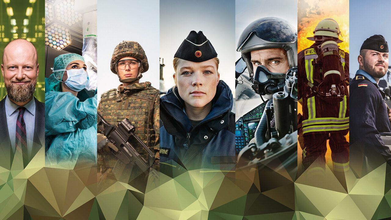 Zu sehen sind 7 Menschen aus der Bundeswehr in verschiedenen Laufbahnen und Verwendungen.