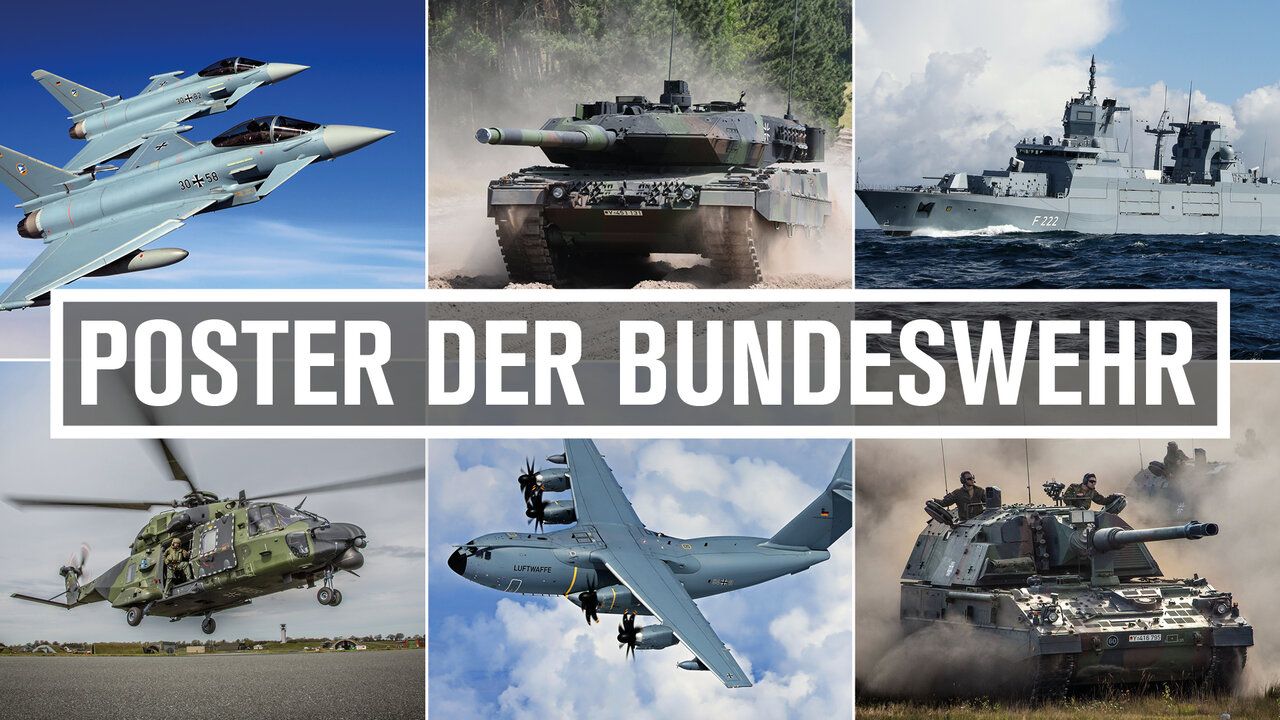 Ein Bundeswehrposter mit Abbildungen von Kampfjets, Panzern, einem Flugzeug und einer Korvette. 
