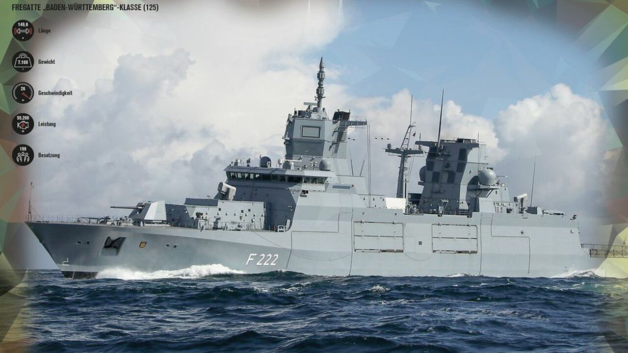 Die Fregatte "Baden-Württemberg" - F125. Die technischen Daten sind in der oberen linken Ecke abgebildet. 