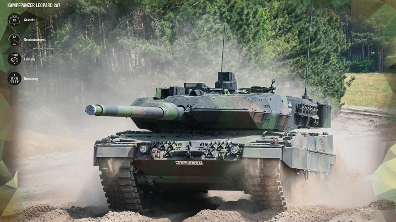 Der Kampfpanzer Leopard 2A7. Die technischen Daten des Kampfpanzers sind in der oberen linken Ecke dargestellt. 