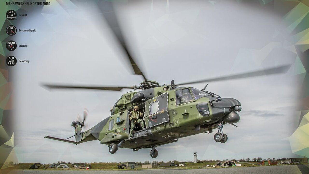 Der Mehrzweckhelikopter NH90 bei der Landung. Die technischen Daten des Helikopters sind in der linken oberen Ecke abgebildet. 