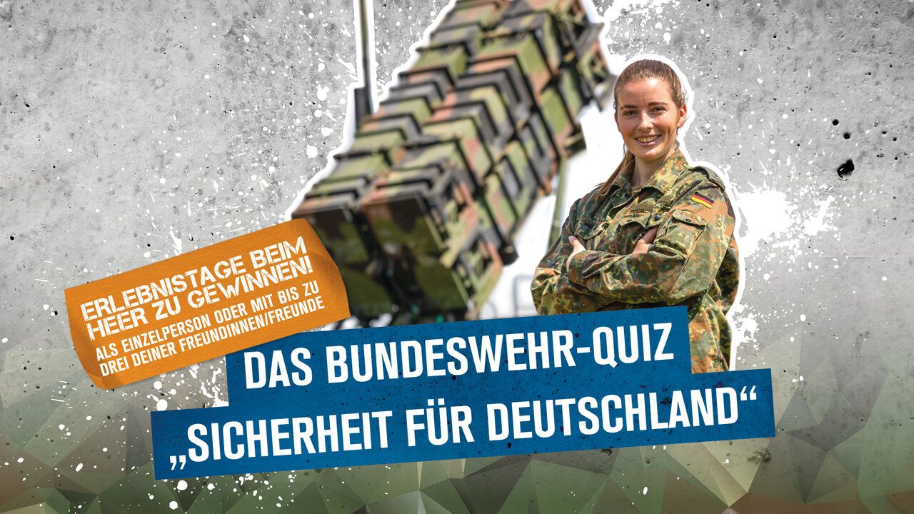 Bundeswehr-Quiz Plakat. Eine Soldatin steht vor einem Raketenabwehrsystem. 