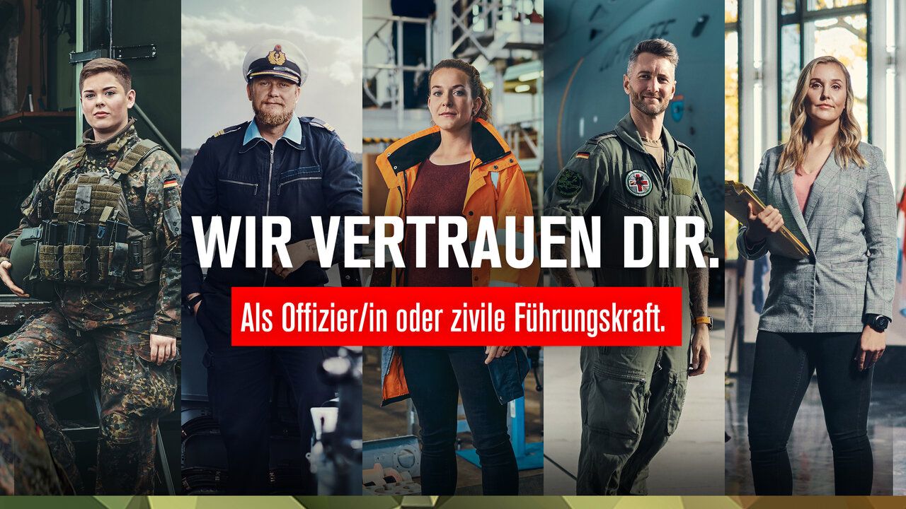 Die Fotocollage zeigt drei Frauen und zwei MÃ¤nner, die als FÃ¼hrungskrÃ¤fte in den unterschiedlichen TeilstreitkrÃ¤ften und Bereichen der Bundeswehr arbeiten. DarÃ¼ber der Text: "Wir vertrauen dir. Als Offizierin/Offizier oder zivile FÃ¼hrungskraft.