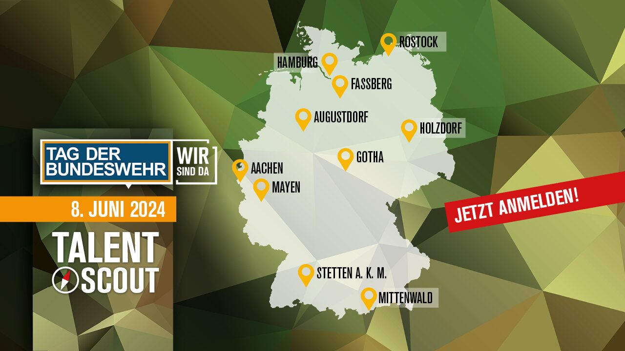 Das Header Bild des Talent Scouts 2024. Eine Deutschlandkarte mit den jeweiligen Standorten ist abgebildet