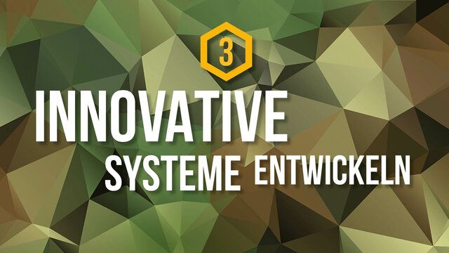 Ein Polygon Hintergrund mit der Aufschrift "Innovative Systeme entwickeln"