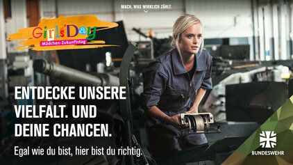 Eine junge Frau arbeitet in einer Werkstatt an einem Panzer. Dazu der Informationstext zum Girls'Day 2023: Entdecke unsere Vielfalt. Und deine Chancen. Egal wie du bist, hier bist du richtig.