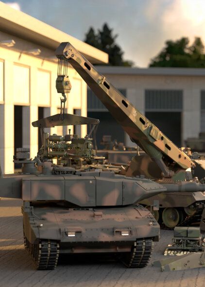 Eine animierte Darstellung des Bereiches "Technik" zu sehen sind ein Panzer vor einer Halle und ein Kran.