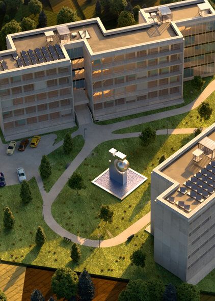 Eine animierte Darstellung des Bereiches "Zivil". Zu sehen sind Gebäude aus der Luft.