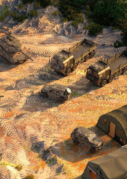 Eine animierte Darstellung des Bereiches "Land" zu sehen ist ein militärisches Camp aus der Luft. Fahrzeuge und Zelte sind von oben zu sehen.
