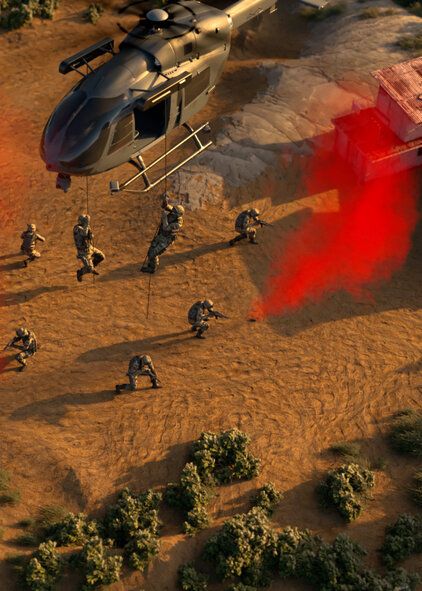 Eine animierte Ansicht von Soldat_innen der Spezialkräfte die sich aus einem Hubschrauber abseilen.