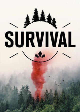 Das Plakat "Survival". Roter Rauch steigt aus einem Wald. 