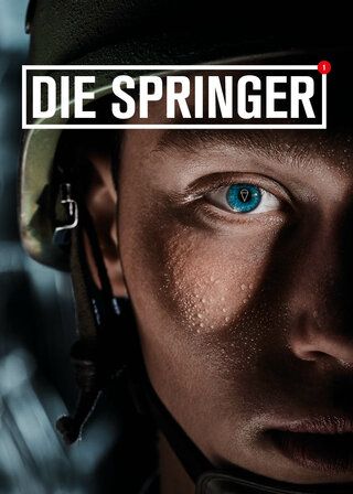 Das Plakat "Die Springer". Eine Nahaufnahme einer Gesichtshälfte eines Soldaten.